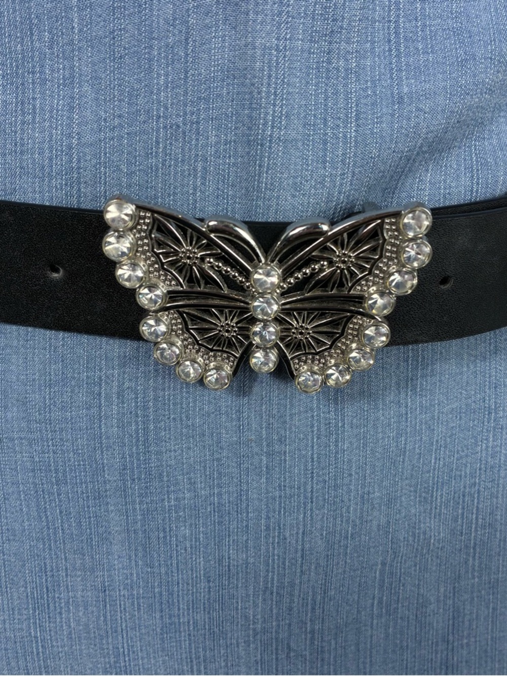 DIVIDED H&M Womens belt Rhinestone Butterfly Buckle Black faux leather 38” Y2K